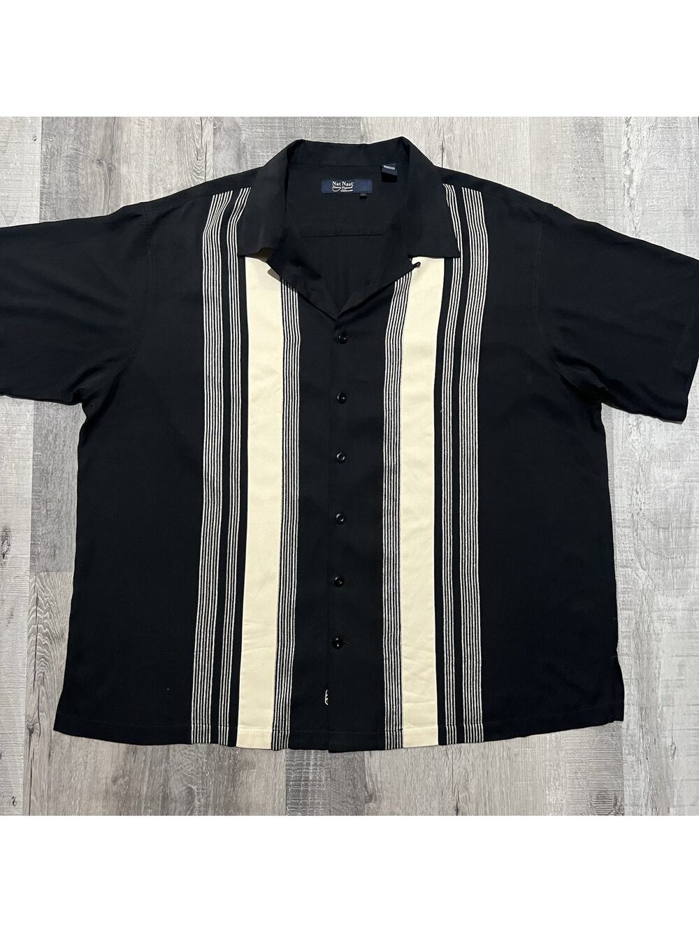 VTG Nat Nast Shirt Black Silk Bowling 50s Style Rockabilly Woven Paneling 2XL